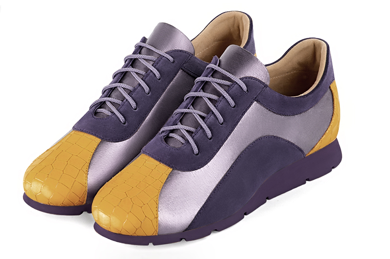 Mustard yellow and lilac purple women's open back shoes. Round toe. Flat rubber soles. Front view - Florence KOOIJMAN